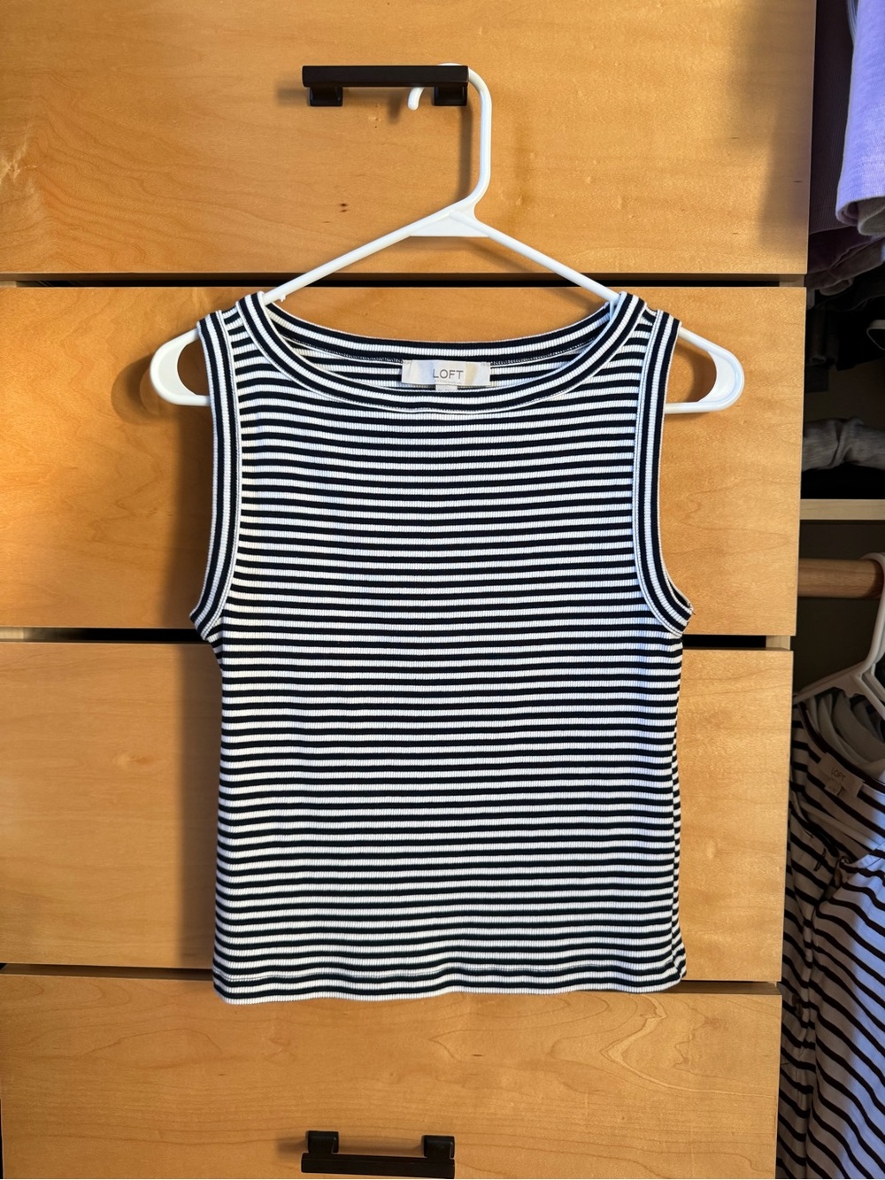 LOFT Women's Blue and White Striped Tank Top, medium.
